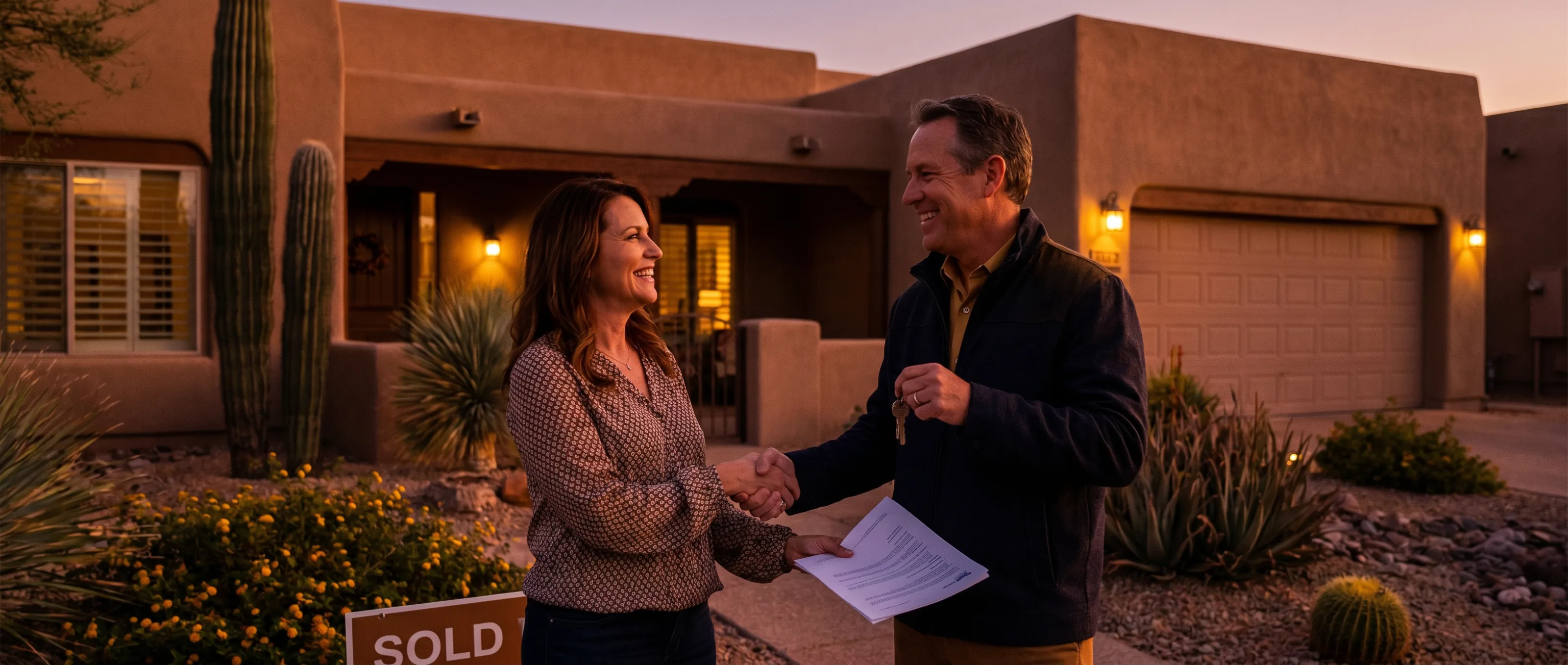 A home seller and the Next Home Capital buyer shaking hands at closing, SOLD sign in the yard