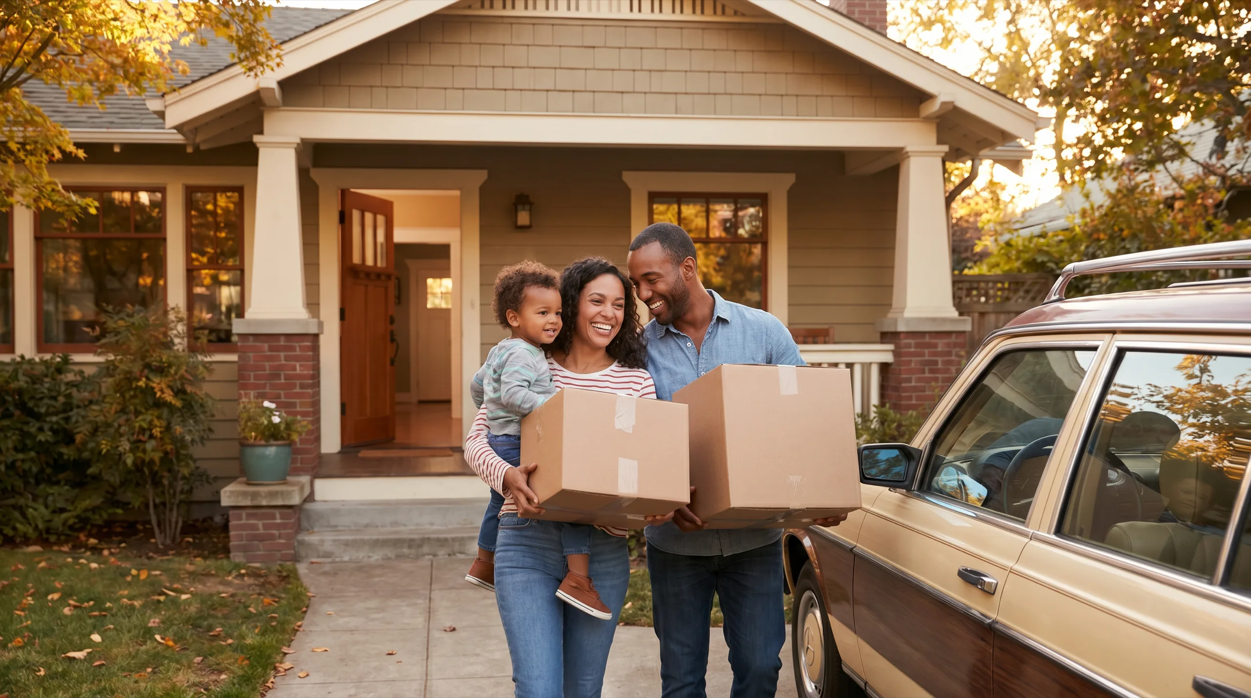 A happy family moving out of their home on their own schedule