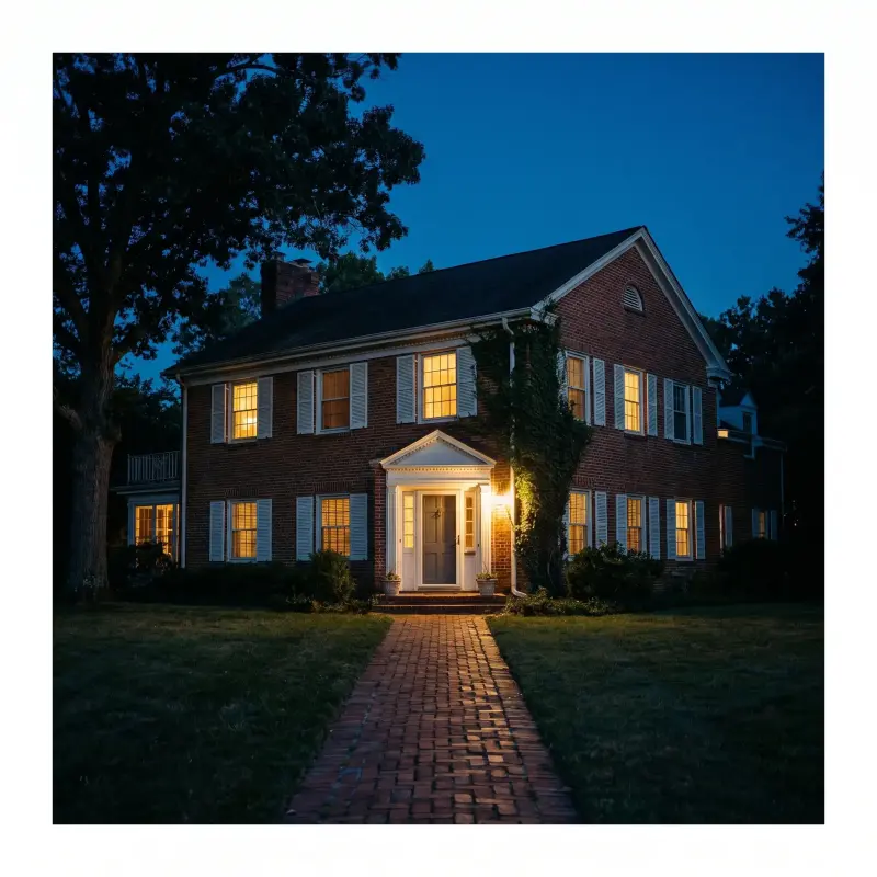Brick colonial home at dusk