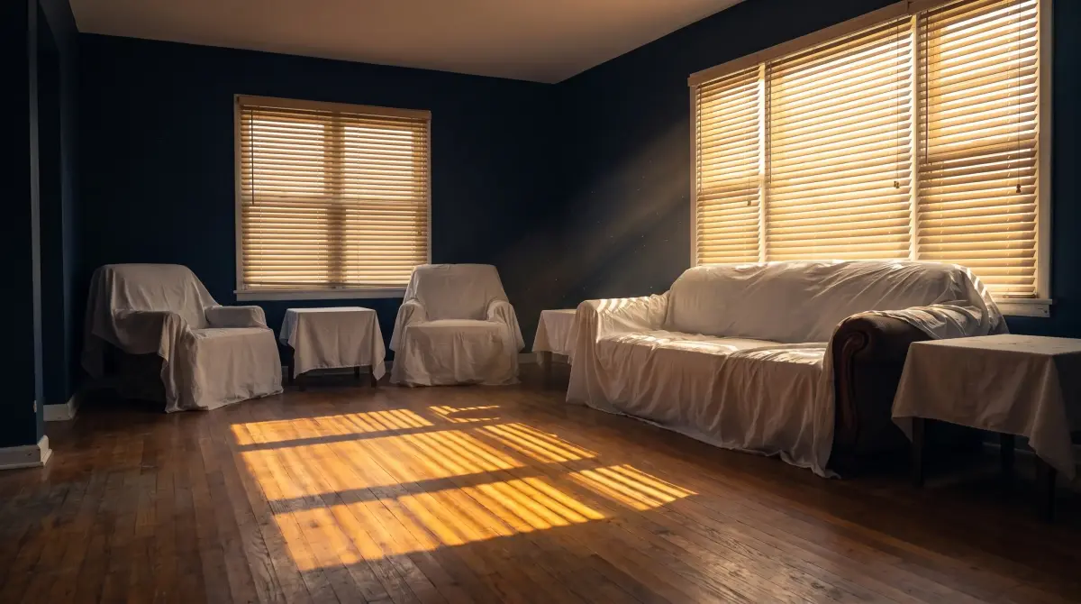 Living room with furniture covered in sheets, no showings needed