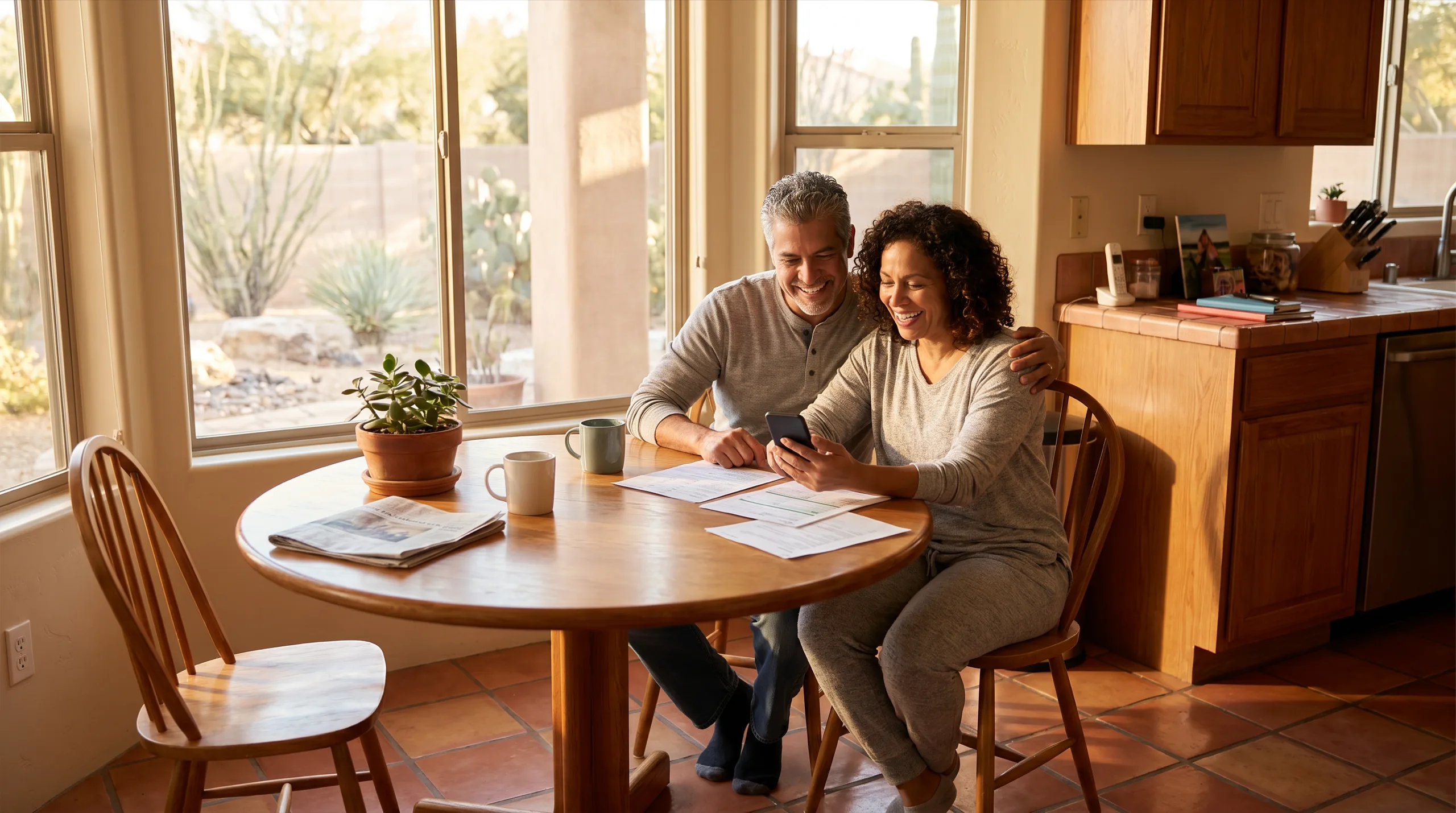 A relaxed Arizona homeowner couple reviewing their cash offer at home